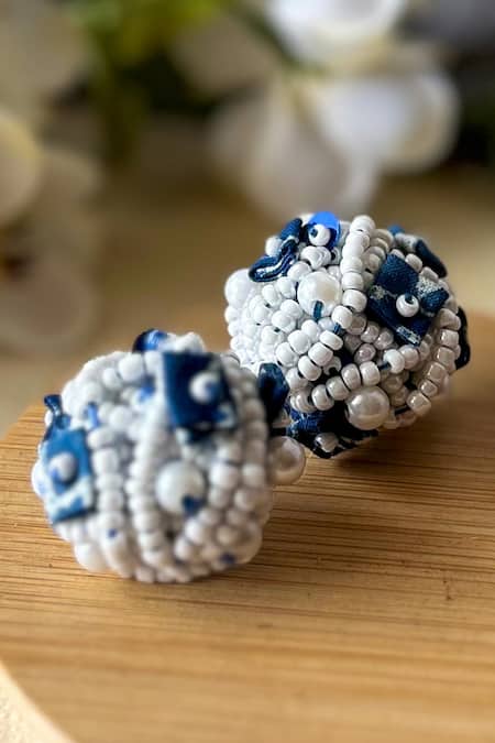 KIHOY Blue Beads, Pearls Embroidered Studs Online at Aza Fashions KIHOY_Blue Beads, Pearls Embroidered Studs _Online_at_Aza_Fashions