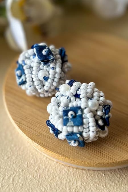 Shop KIHOY Blue Beads, Pearls Embroidered Studs at Aza Fashions Shop_KIHOY_Blue Beads, Pearls Embroidered Studs _at_Aza_Fashions