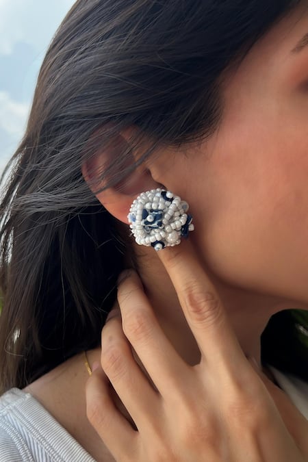 Buy KIHOY Blue Beads, Pearls Embroidered Studs Online at Aza Fashions Buy_KIHOY_Blue Beads, Pearls Embroidered Studs _Online_at_Aza_Fashions