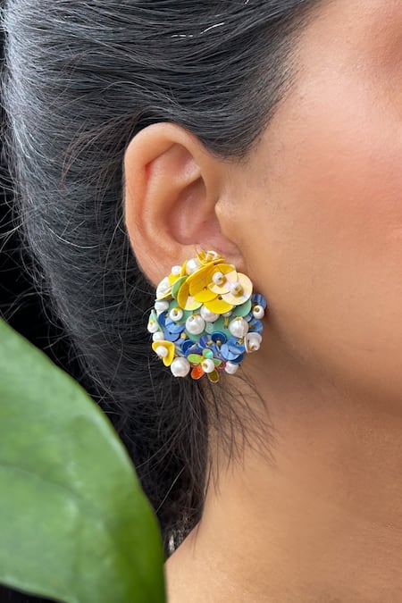 Buy KIHOY Multi Color Sequins, Beads, Pearls Daffodil Embroidered Earrings Online at Aza Fashions Buy_KIHOY_Multi Color Sequins, Beads, Pearls Daffodil Embroidered Earrings _Online_at_Aza_Fashions