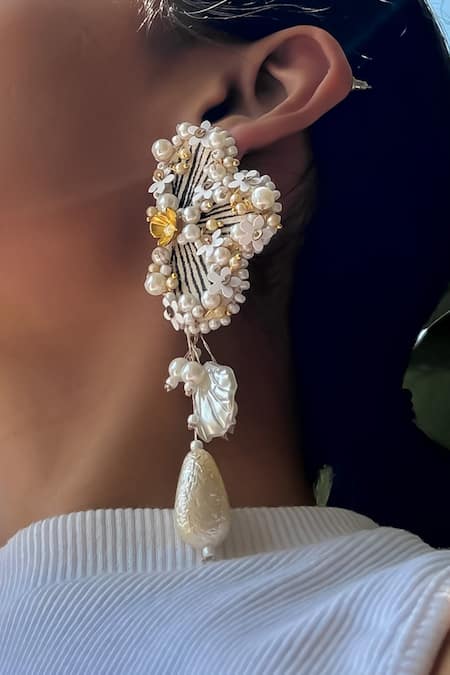 KIHOY Black Sequins, Beads, Pearls Gajra Hand Painted Earrings Online at Aza Fashions KIHOY_Black Sequins, Beads, Pearls Gajra Hand Painted Earrings _Online_at_Aza_Fashions