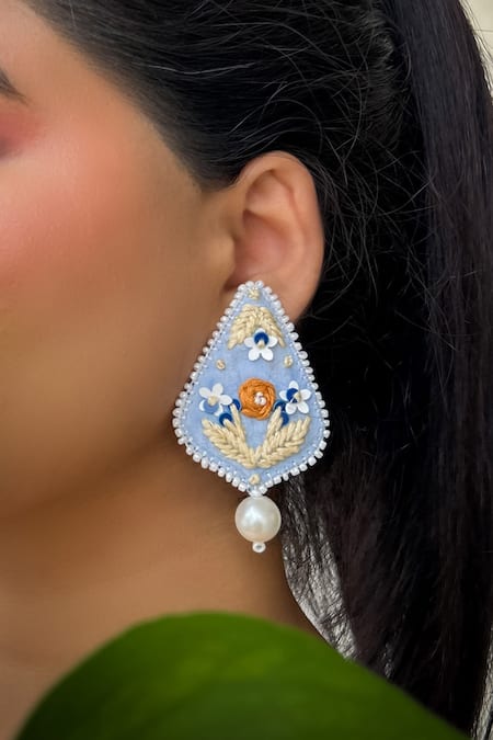 KIHOY_Blue Embroidery, Beads, Pearls Mistik Dusk Hand Eaarings _Online_at_Aza_Fashions