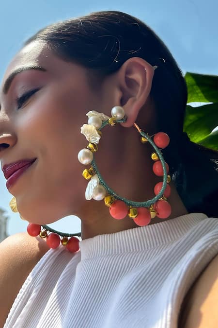 KIHOY_Peach Pearls, Beads Hoop Earrings _Online_at_Aza_Fashions