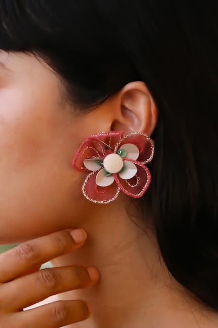 KIHOY Frangipani Organza Flower Embellished Earrings 