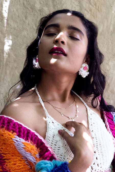 KIHOY_Ivory Embroidery, Pearls, Tassels Juliet Earrings _Online_at_Aza_Fashions