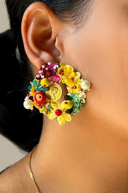 KIHOY_Multi Color Sequins, Beads, Pearls, Fabric Multicolor Embroidered Stud Earrings _Online_at_Aza_Fashions
