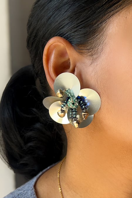 KIHOY Silver Color Sequin Flower Stud Earrings 