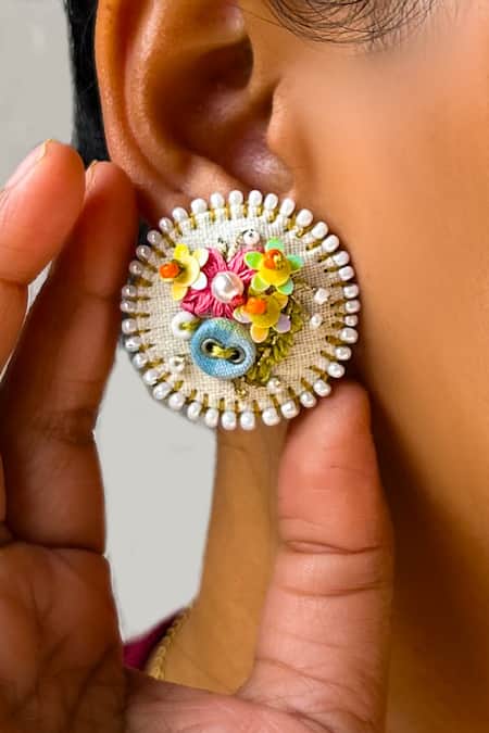 KIHOY Wattle Hand Embroidered Button Stud Earrings 