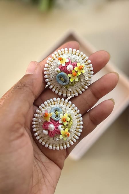 KIHOY Wattle Hand Embroidered Button Stud Earrings 