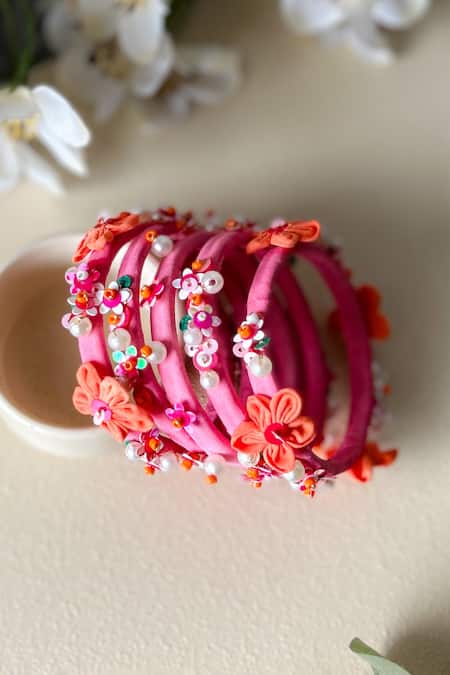 KIHOY Floral Motif Embroidered Bangles - Set of 5 