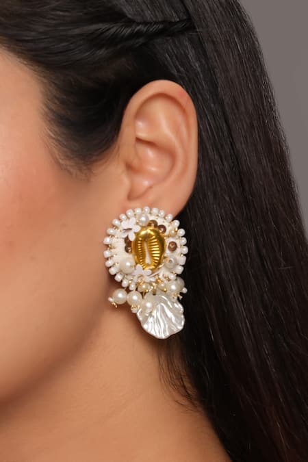 KIHOY Ivory Sequins, Beads, Pearls Golden Shell Embellished Earrings Online at Aza Fashions KIHOY_Ivory Sequins, Beads, Pearls Golden Shell Embellished Earrings _Online_at_Aza_Fashions
