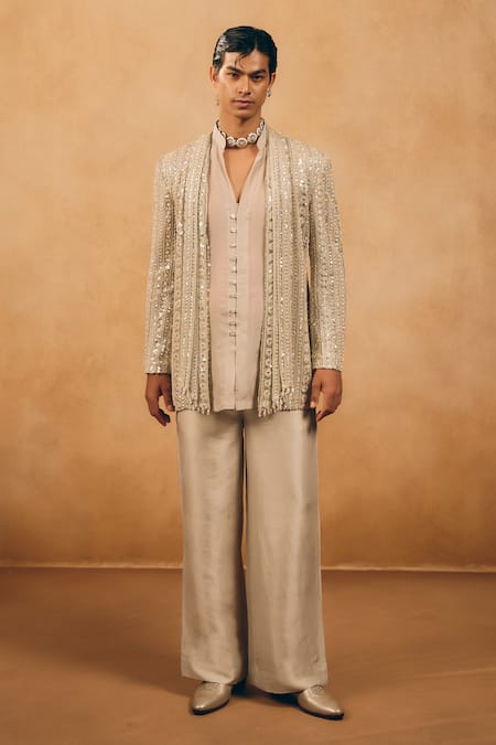 Mukti And Kavith Casa Stripe Embroidered Jacket & Kurta Set 