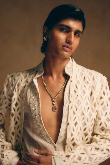 MUKTI AND KAVITH CASA Ivory Satin, Linen Cut Work Pattern Jacket And Kurta Set Online at Aza Fashions MUKTI AND KAVITH CASA_Ivory Satin, Linen Cut Work Pattern Jacket And Kurta Set _Online_at_Aza_Fashions