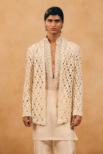 Shop MUKTI AND KAVITH CASA Ivory Satin, Linen Cut Work Pattern Jacket And Kurta Set Online at Aza Fashions Shop_MUKTI AND KAVITH CASA_Ivory Satin, Linen Cut Work Pattern Jacket And Kurta Set _Online_at_Aza_Fashions