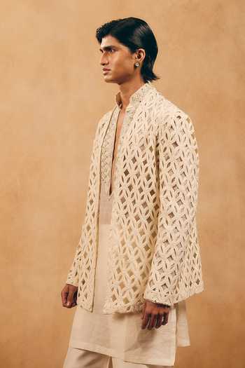 MUKTI AND KAVITH CASA Ivory Satin, Linen Cut Work Pattern Jacket And Kurta Set at Aza Fashions MUKTI AND KAVITH CASA_Ivory Satin, Linen Cut Work Pattern Jacket And Kurta Set _at_Aza_Fashions