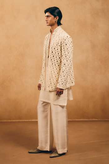 Buy MUKTI AND KAVITH CASA Ivory Satin, Linen Cut Work Pattern Jacket And Kurta Set Buy_MUKTI AND KAVITH CASA_Ivory Satin, Linen Cut Work Pattern Jacket And Kurta Set