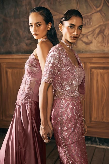 Show Shaa_Pink Net Embroidery, Sequins, Stones Open Neck, Square Ariel Jacket Skirt Set _Online_at_Aza_Fashions