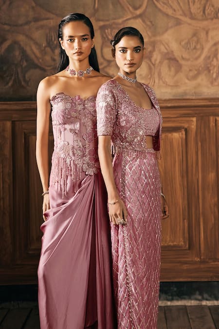 Buy_Show Shaa_Pink Net Embroidery, Sequins, Stones Open Neck, Square Ariel Jacket Skirt Set _Online_at_Aza_Fashions