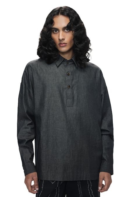 Countrymade Charcoal Half Placket Cotton Denim Shirt 