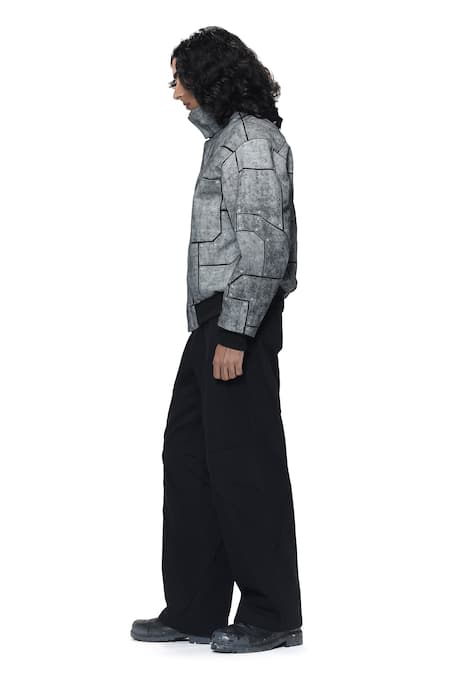 Countrymade_Grey Cotton, Denim Applique Fuselage Bomber Jacket _Online_at_Aza_Fashions