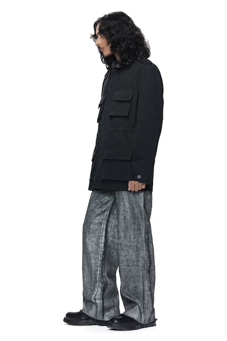 Buy_Countrymade_Black Cotton, Denim Embroidery Shredded Collar Field Jacket _Online_at_Aza_Fashions