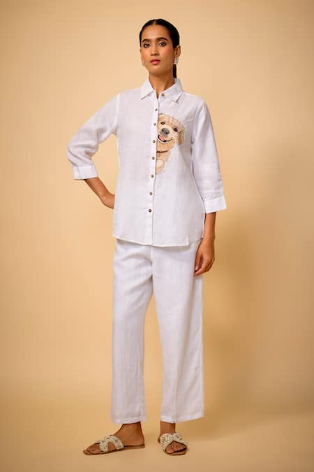 Linen Bloom Dog Placement Embroidered Shirt 