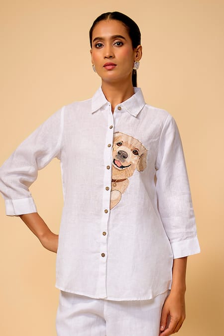 Linen Bloom Dog Placement Embroidered Shirt 