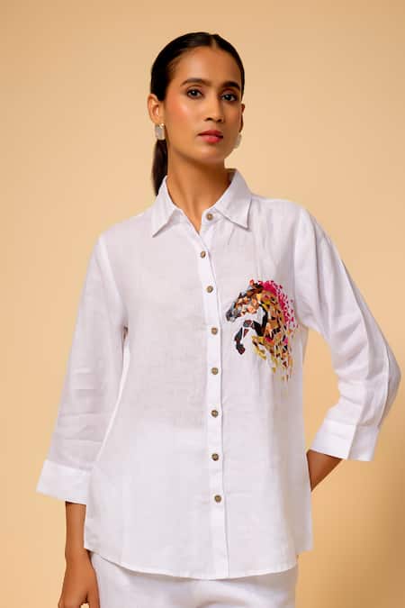 Linen Bloom Horse Placement Embroidered Shirt 