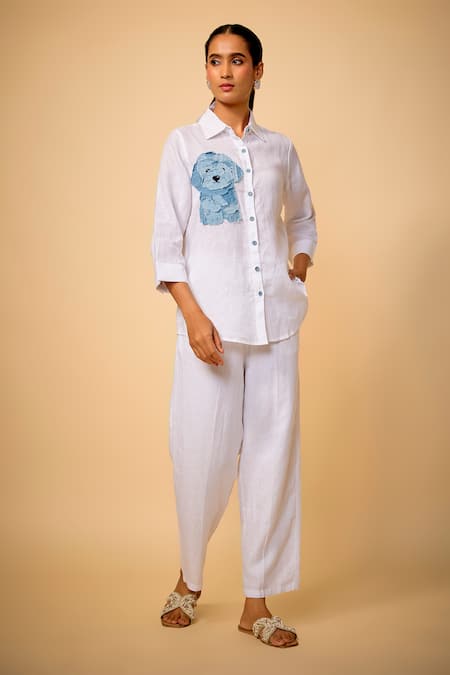 Linen Bloom Denim Dog Applique Work Shirt 