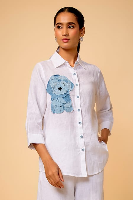 Linen Bloom Denim Dog Applique Work Shirt 