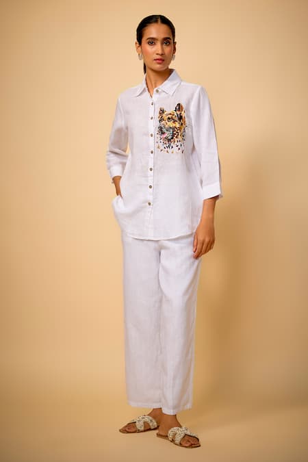 Linen Bloom Dog Placement Embroidered Linen Shirt 