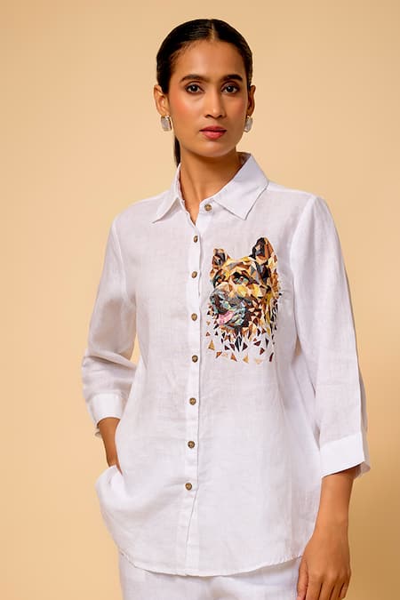 Linen Bloom Dog Placement Embroidered Linen Shirt 