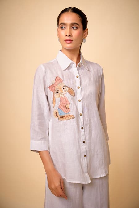 Linen Bloom Cute Bunny Embroidered Shirt 
