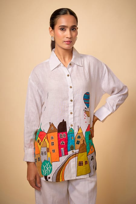 Linen Bloom City Placement Embroidered Shirt 