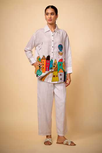 Linen Bloom White Linen Embroidery Collared City Placement Shirt Online at Aza Fashions Linen Bloom_White Linen Embroidery Collared City Placement Shirt _Online_at_Aza_Fashions