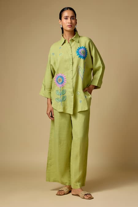 Linen Bloom Floral Embroidered Shirt & Pant Set 