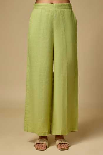 Linen Bloom_Green Linen Embroidery Collared Floral Shirt And Pant Set _Online_at_Aza_Fashions