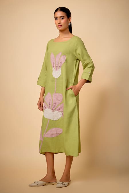 Linen Bloom Floral Embroidered Linen Dress 