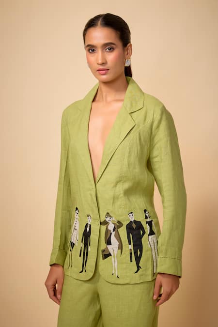 Linen Bloom Doodle Embroidered Pure Linen Blazer 