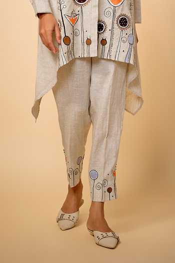 Linen Bloom_Beige Linen Embroidery Round Neck Floral Kurta And Pant Set _Online_at_Aza_Fashions