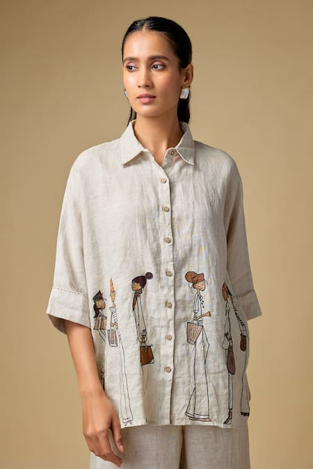 Linen Bloom Doodle Embroidered Linen Shirt 