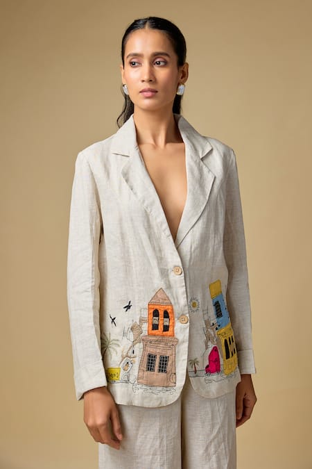 Linen Bloom Doodle Embroidered Pure Linen Blazer 
