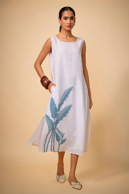 Linen Bloom Palm Leaf Embroidered Dress 