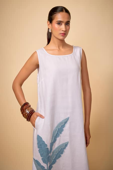 Linen Bloom Palm Leaf Embroidered Dress 