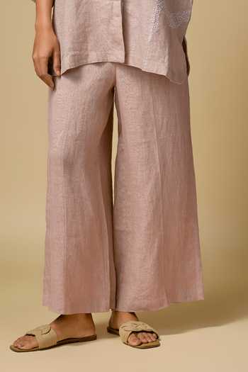 Linen Bloom_Pink Linen Embroidery Collared Kantha Shirt And Pant Set _Online_at_Aza_Fashions
