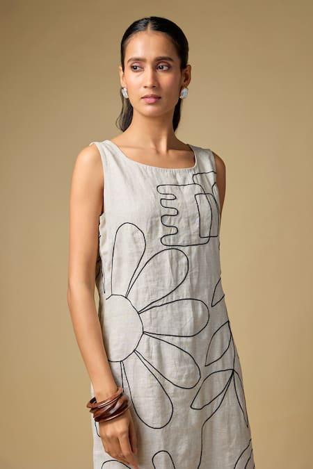 Linen Bloom_White Linen Scoop Neck Floral Pattern Dress _Online_at_Aza_Fashions