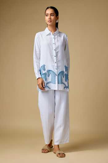 Linen Bloom_White Linen Applique Collared Denim Horse Work Shirt _Online_at_Aza_Fashions