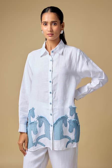 Linen Bloom Denim Horse Applique Work Shirt 