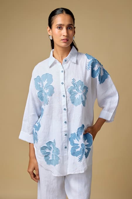 Linen Bloom Floral Applique Embroidered Linen Shirt 