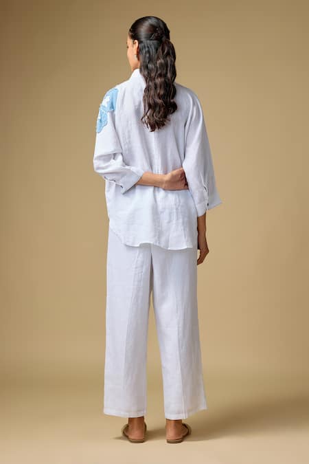 Linen Bloom Floral Applique Embroidered Linen Shirt 